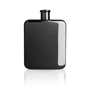 6 0Z FLASK WITH SCREW TOP - Fill this hip flask with 6 oz. of your favorite beverage. This black gunmetal  flask has a matching weighted screw-on lid for a secure seal. This also allows for easy drinking and ensures there are no leaks or accidents.

