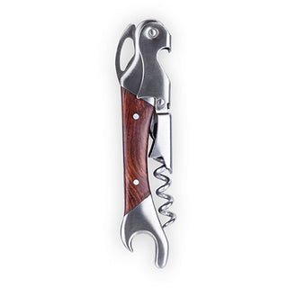 OVERSIZED MULTI-FUNCTION CORKSCREW – Supplemental length and weight endow this corkscrew with added power. The tool is fashioned from solid stainless steel with a double-hinged arm, sharp foil blade and handle inlaid with warm, polished wood.